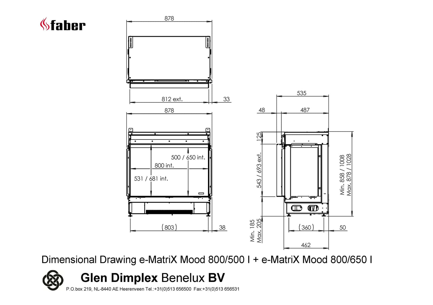 Technische tekening van Faber e-MatriX Mood 800/500 I Front met gedetailleerde afmetingen.