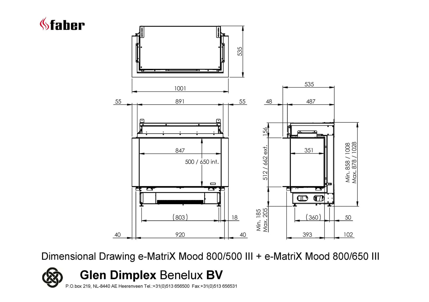 Technische tekening van Faber e-MatriX Mood 800/650 III Driezijdig met gedetailleerde afmetingen.