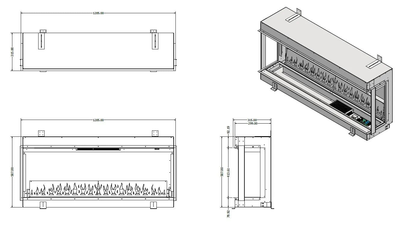 Technische tekening van de Element4 Elite 125 E Supreme elektrische haard met afmetingen.