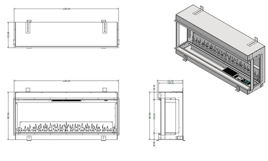 Technische tekening van de Element4 Elite 125 E Supreme elektrische haard met afmetingen.