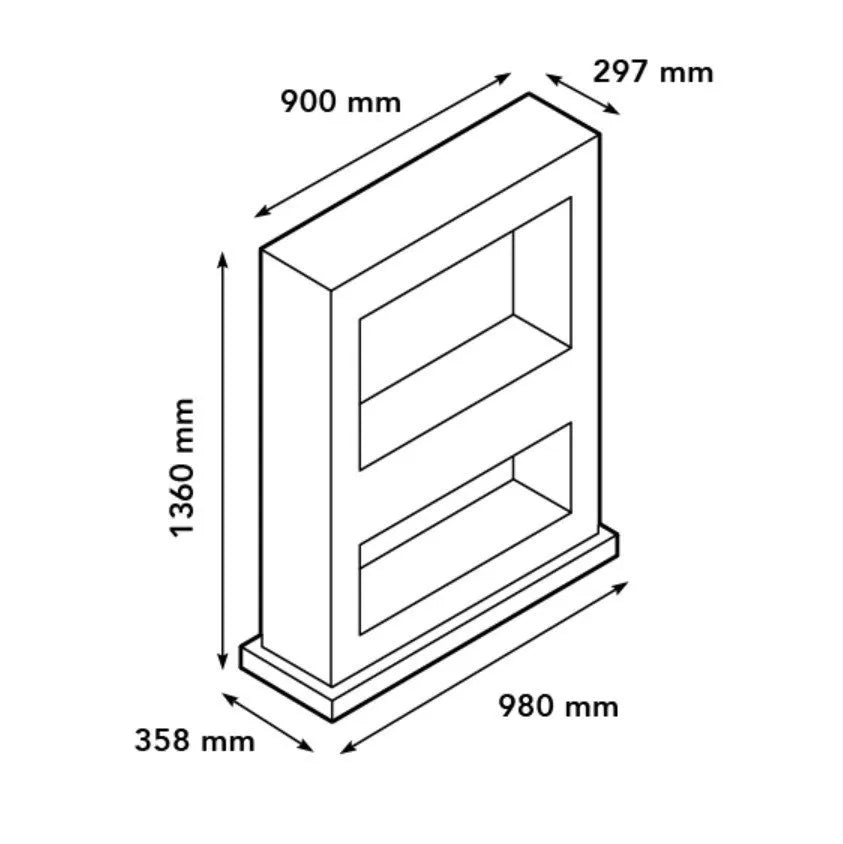 Afmetingen van de Xaralyn Lasize vrijstaande doorkijkhaard: 1360x980x358 mm, diepte 297 mm.