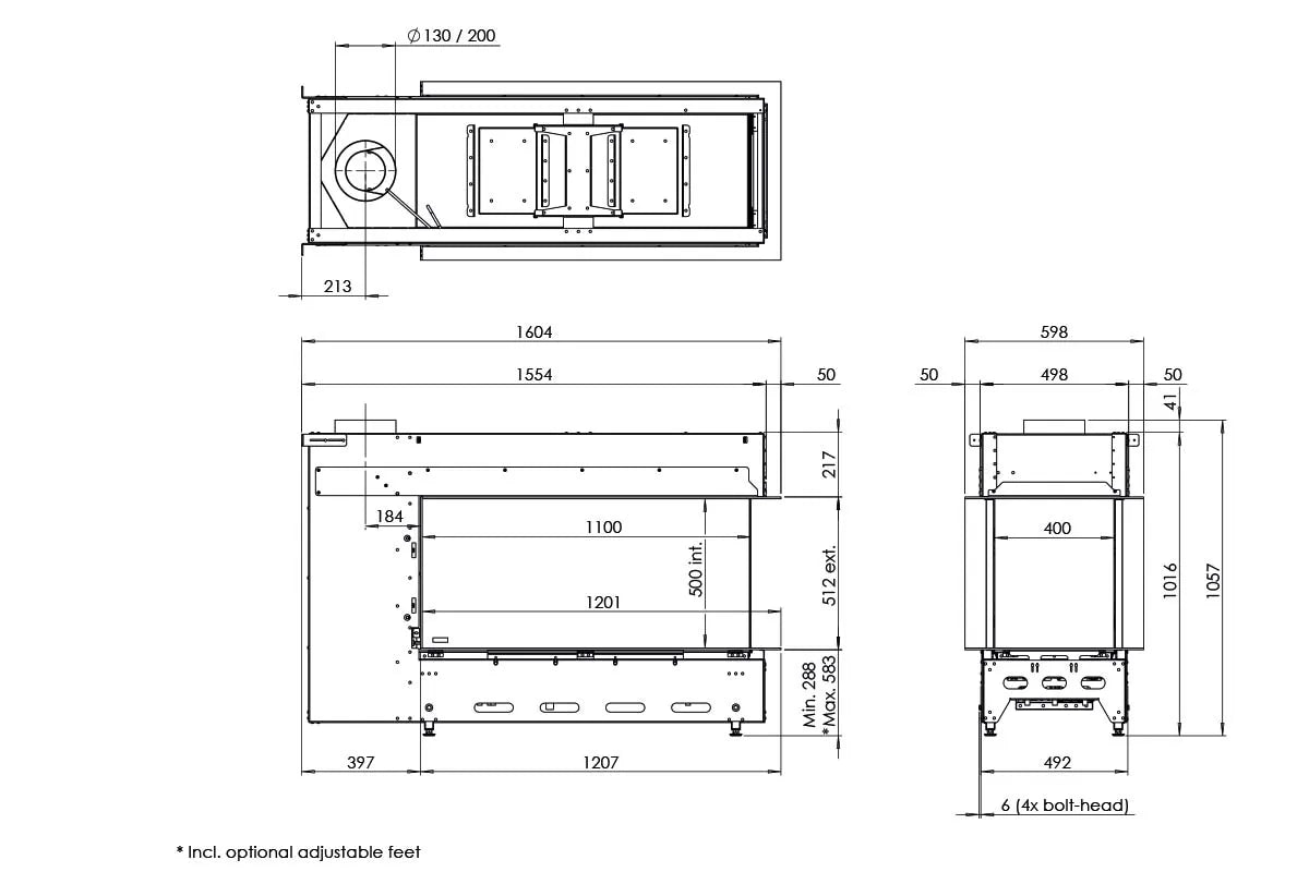 Technische tekening van de Faber Matrix Hybrid 1050/500 RD met gedetailleerde afmetingen en specificaties.