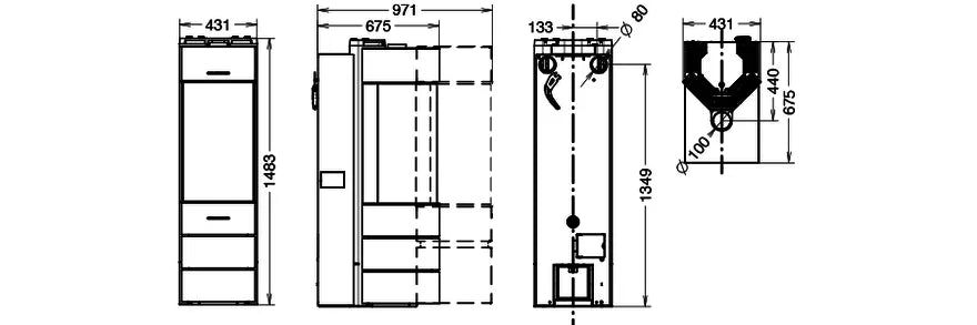 Technische tekening van Thermorossi Bellavista S2 Silent pelletkachel met afmetingen en doorsneden.