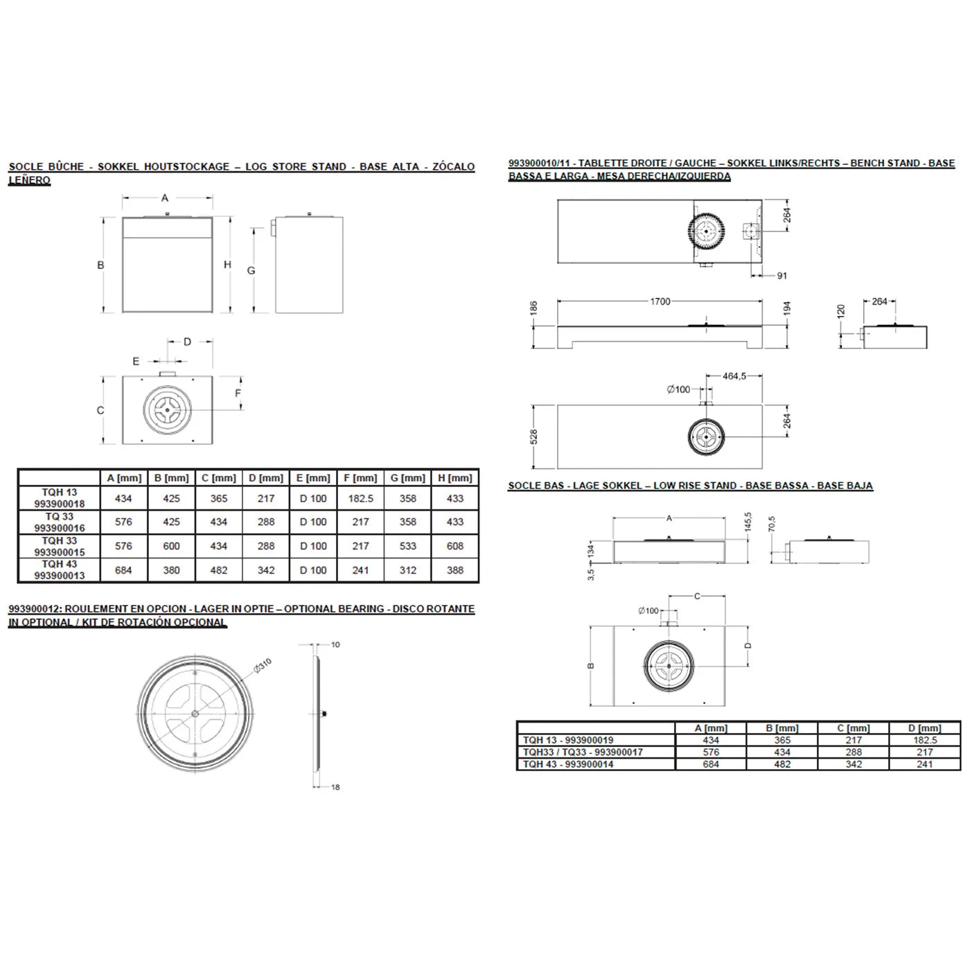 Technische tekening met afmetingen en specificaties van de Nestor Martin TQH33 houtkachel.