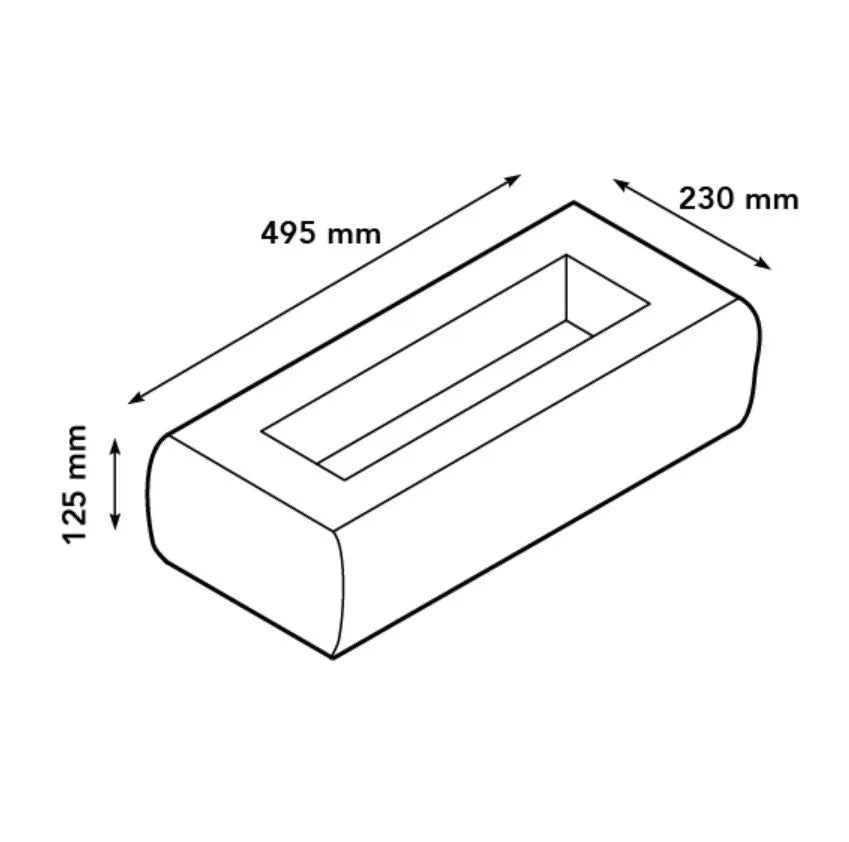 Afmetingen van de Xaralyn Woody bio-ethanol tafelbrander: 495x230x125 mm.