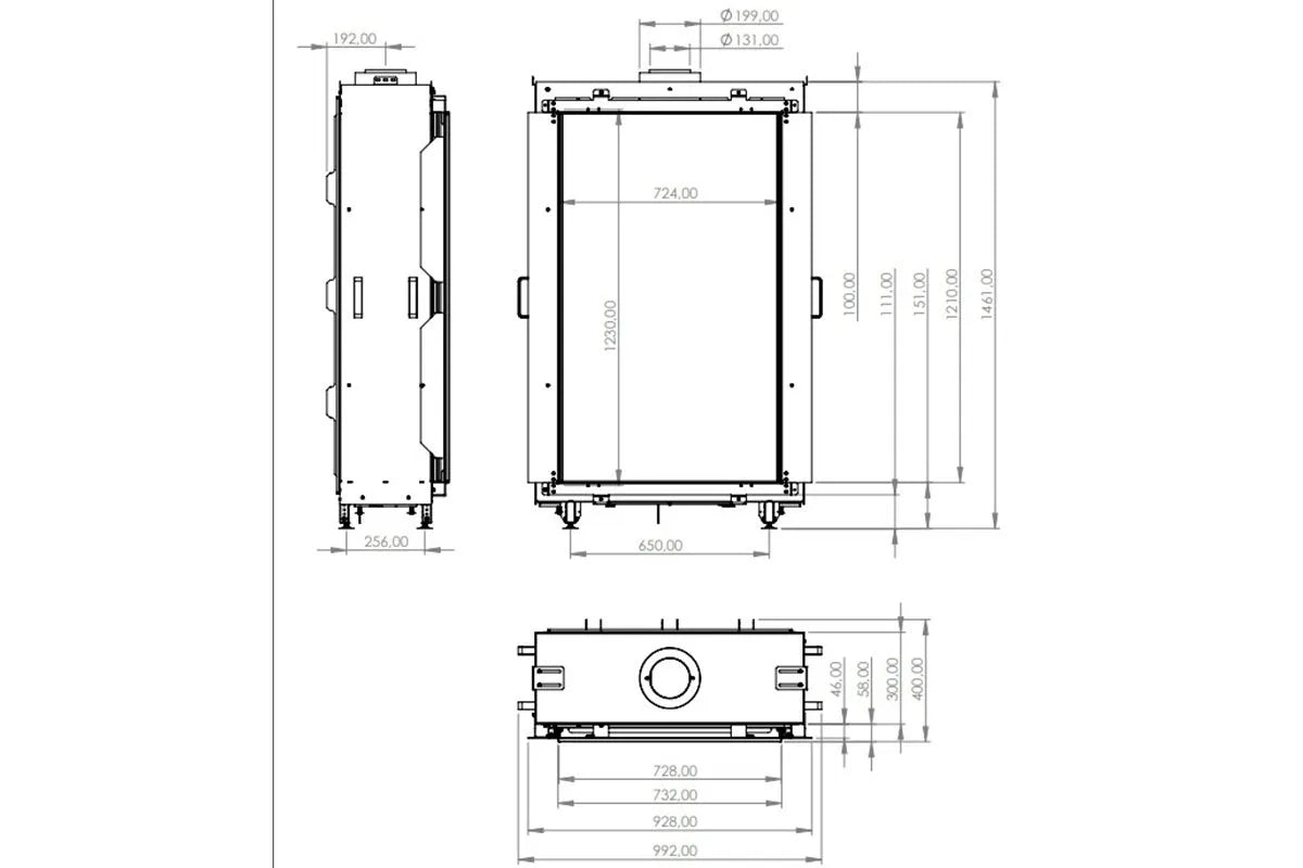 Technische tekening van Element4 Sky Medium Front met gedetailleerde afmetingen en aanzichten.
