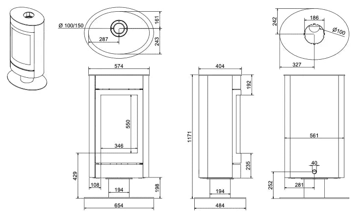 Technische tekening van Wanders Tali F gaskachel met gedetailleerde afmetingen en doorsneden.