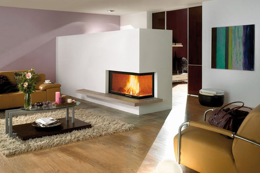 Spartherm Linear Corner 100x41x51 in moderne woonkamer met brandend hoekglas