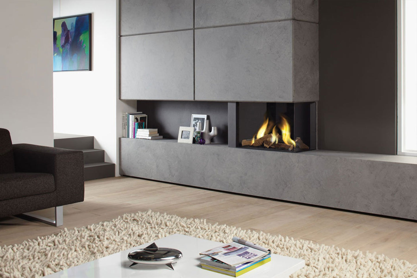 DRU Lugo 70/2 Eco Wave ingebouwde haard in een moderne woonkamer met grijze en witte accenten.