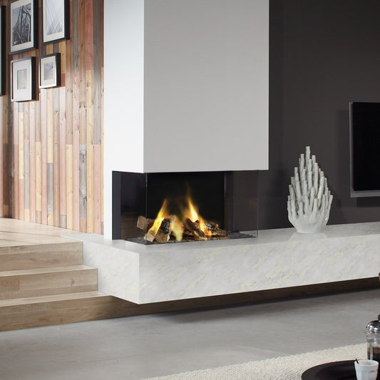 DRU Lugo 80/3 Eco Wave haard in moderne woonkamer met drie zijden glas
