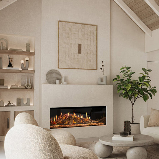 Element4 Luxor 125 E ingebouwd in beige woonkamer met vlammen