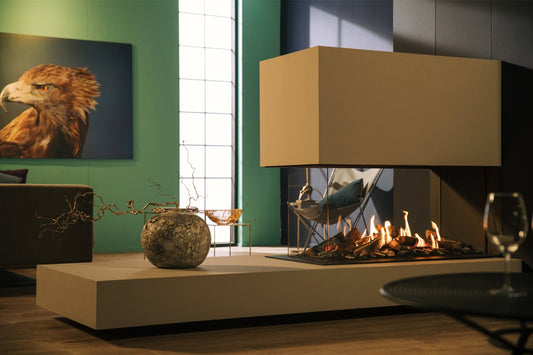 Faber Matrix Hybrid 800/500 RD ingebouwde haard met vlammen in modern interieur