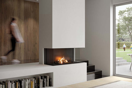 Faber Matrix Hybrid 1050/500 III Driezijdig in moderne woonkamer met vuur