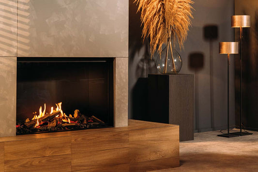 Faber Matrix Hybrid 1050/650 I Front ingebouwd in moderne woonkamer met vlammen