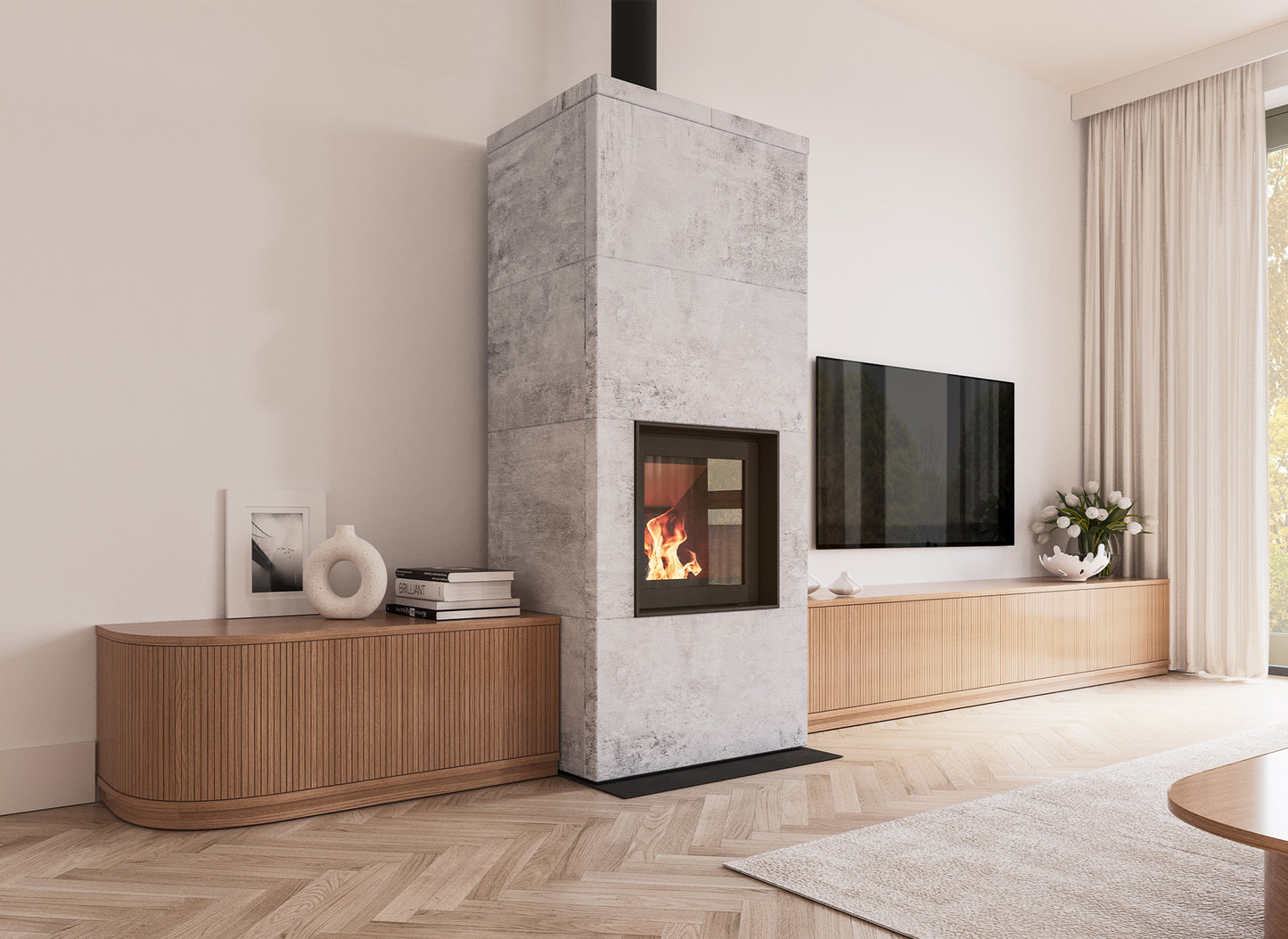 Moderne woonkamer met Altech Max Massiv B houtkachel, houten meubels en een grote tv aan de muur.