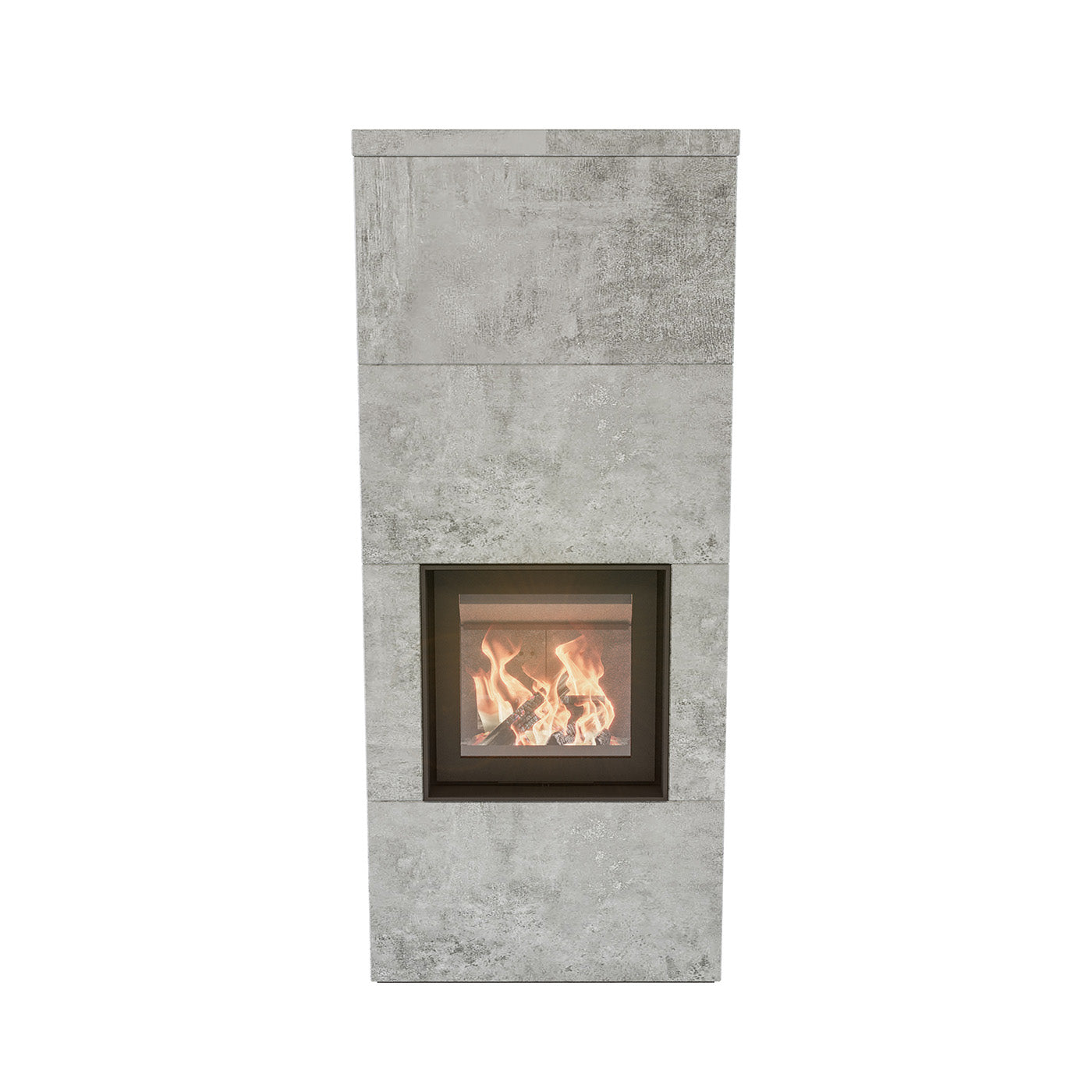 Altech Max Massiv B, een moderne grijze kachel met een brandend vuur in het midden.
