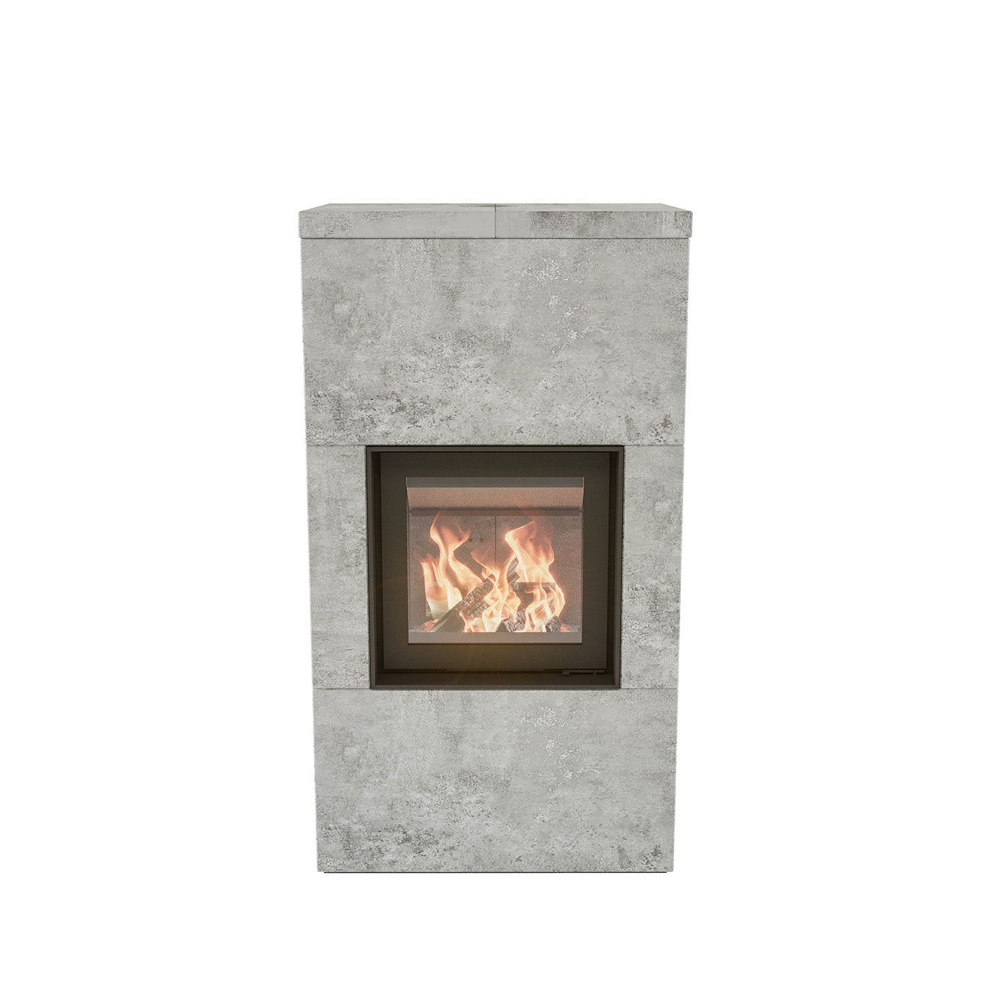 Altech Max Massiv B, een moderne grijze houtkachel met een brandend vuur zichtbaar door het glazen venster.