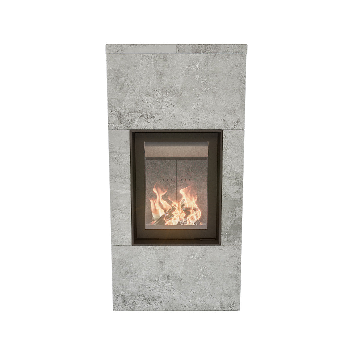 Altech Max Massiv H, een moderne grijze kachel met een brandend vuur zichtbaar door het glazen paneel.