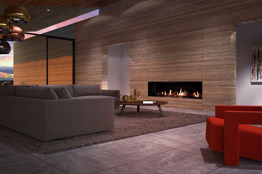 DRU Metro 200XT Tunnel Eco Wave ingebouwd in moderne woonkamer met brandend vuur