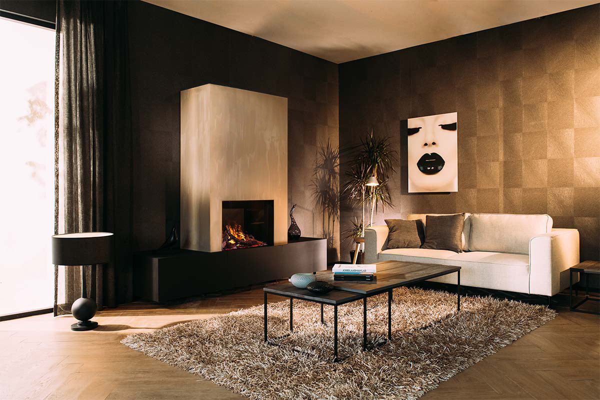 Faber e-MatriX Mood 800/500 I Front in een moderne woonkamer met beige bank en houten salontafel.