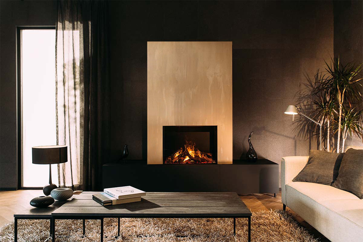 Woonkamer met Faber e-MatriX Mood 800/500 I Front haard, moderne inrichting en beige bank.