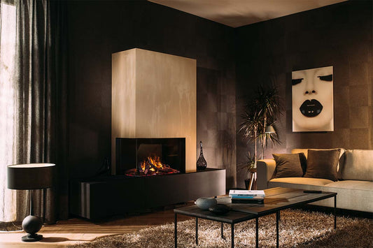 Faber e-MatriX Mood 800/500 II Hoek in moderne woonkamer met vlammen