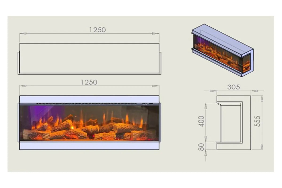 Charlton & Jenrick i-1250e Deep elektrische haard met afmetingen en realistisch vlameffect.