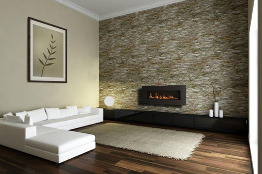 Icon Fires Nero Wall Frame 1450 in moderne woonkamer met brandende wandhaard