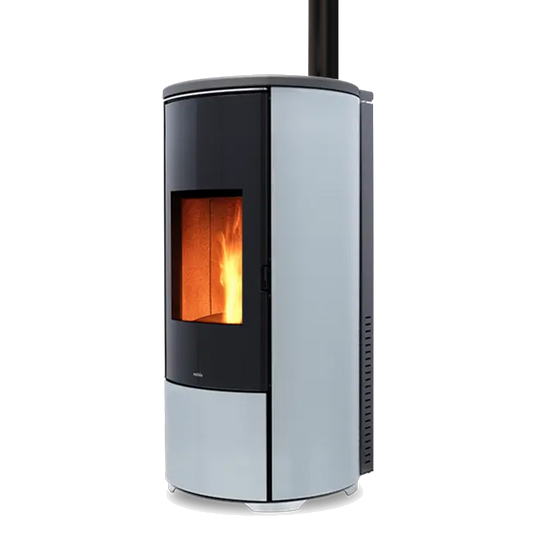 Nobis A8 Round Glass Top pelletkachel met zichtbare vlam, zwart en grijs