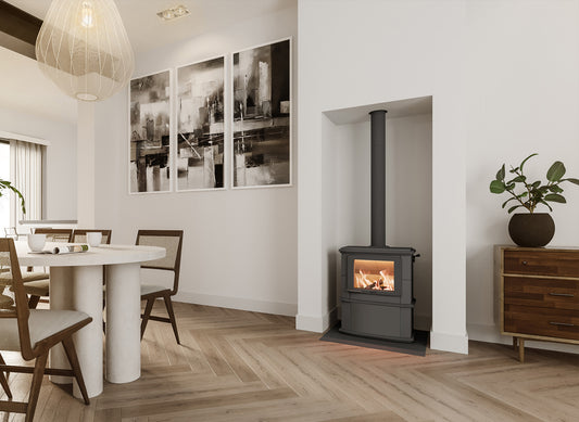 Altech Nobles Depot Hybride-e in moderne eetkamer met brandend vuur