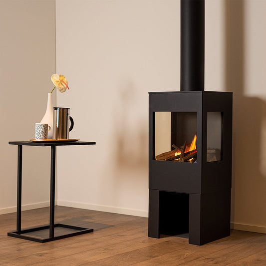 Wanders Onyx Base gaskachel in moderne woonkamer met brandend vuur