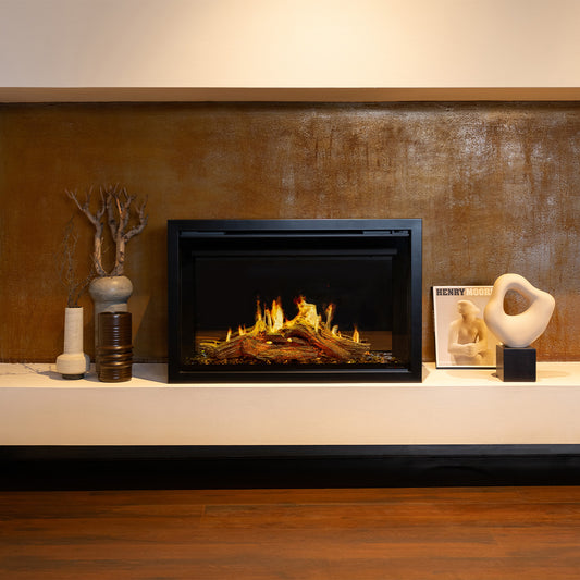 Wanders Orion Traditional 26'' Black Edition Low in moderne woonkamer met brandend vuur