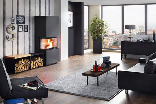 Olsberg Bausatz Osorno kachel in moderne woonkamer met brandend vuur
