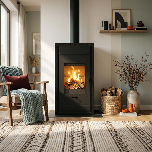 Wanders Pecan Eco Small speksteenkachel in woonkamer met brandend vuur