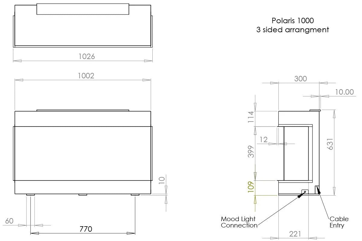 Technische tekening van Charlton & Jenrick Polaris 1000mm Elektrische Haard met afmetingen en aansluitpunten.
