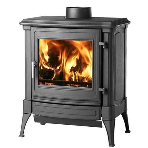 Nestor Martin S33 houtkachel met brandend vuur op witte achtergrond