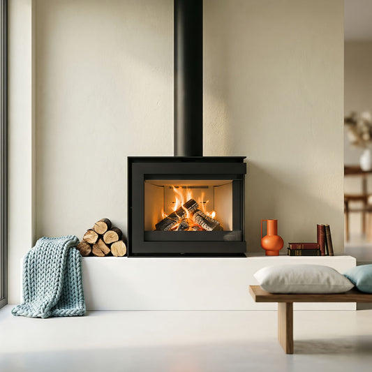 Wanders S60 hoek inzethaard met brandend hout in een modern interieur