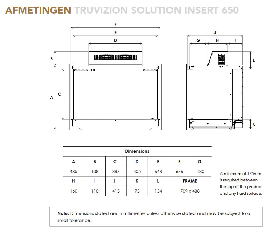 Afmetingen en technische tekening van Fair Fires Tru Vizion Solution insert 650 Tweezijdig.