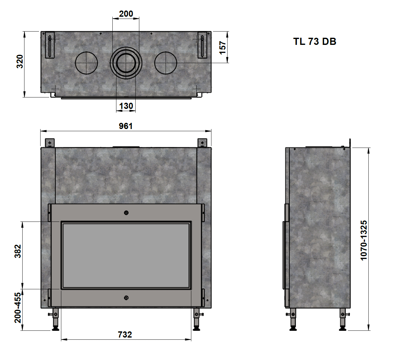 Trimline Fires 73 Front technische tekening met afmetingen