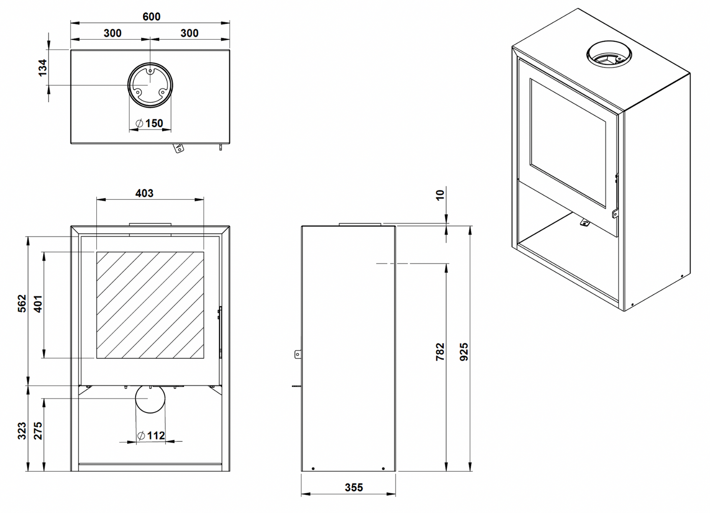 Trimline Fires Woody Air 8 technische maattekening