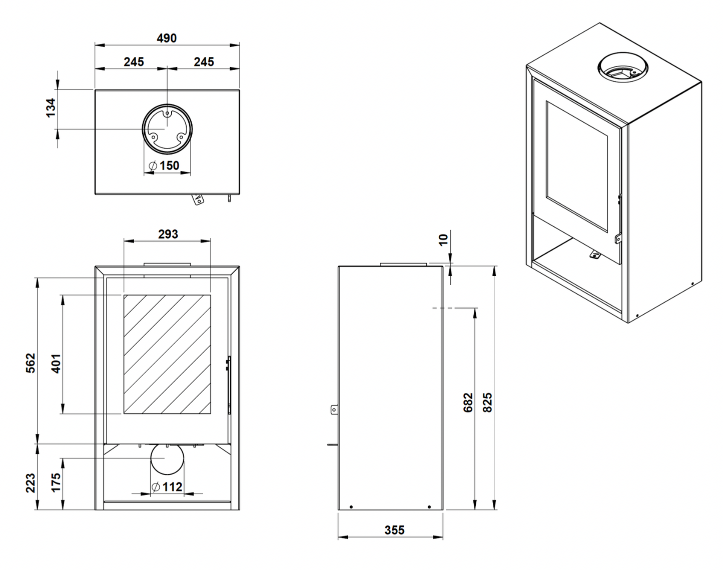 Trimline Fires Woody Air 6 technische maattekening