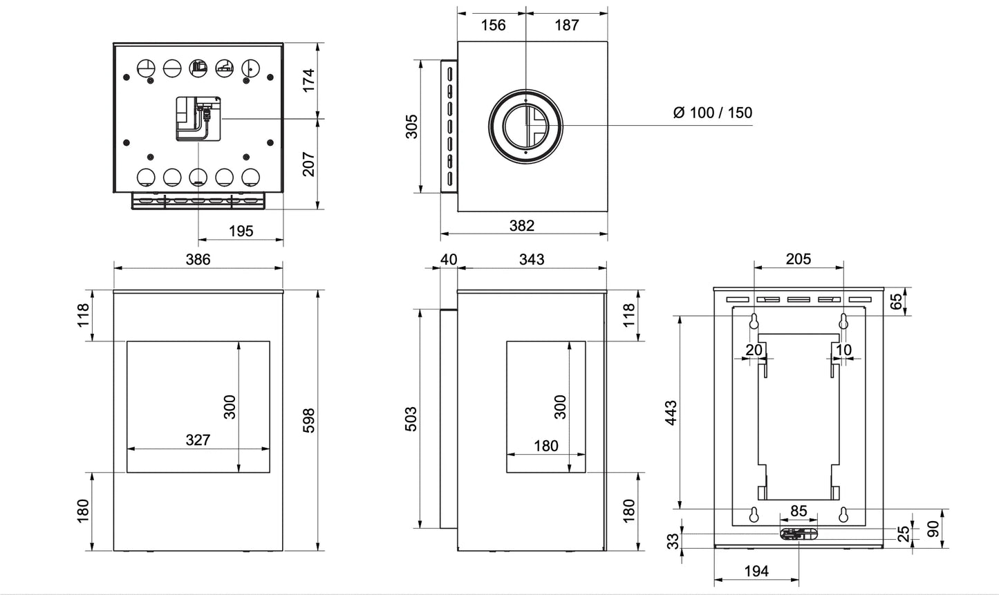 Technische tekening van Wanders Onyx Wall gaskachel met gedetailleerde afmetingen en aansluitpunten.