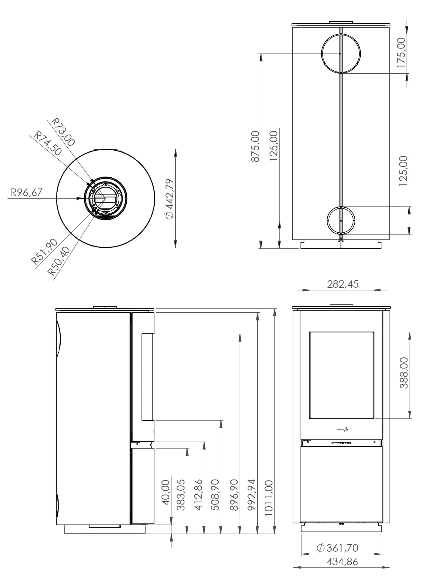 Technische tekening van Element4 Ovation gaskachel met gedetailleerde afmetingen en doorsneden.