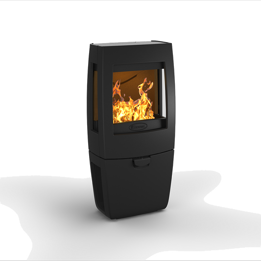 Dovre Sense 203 houtkachel met brandend vuur op witte achtergrond