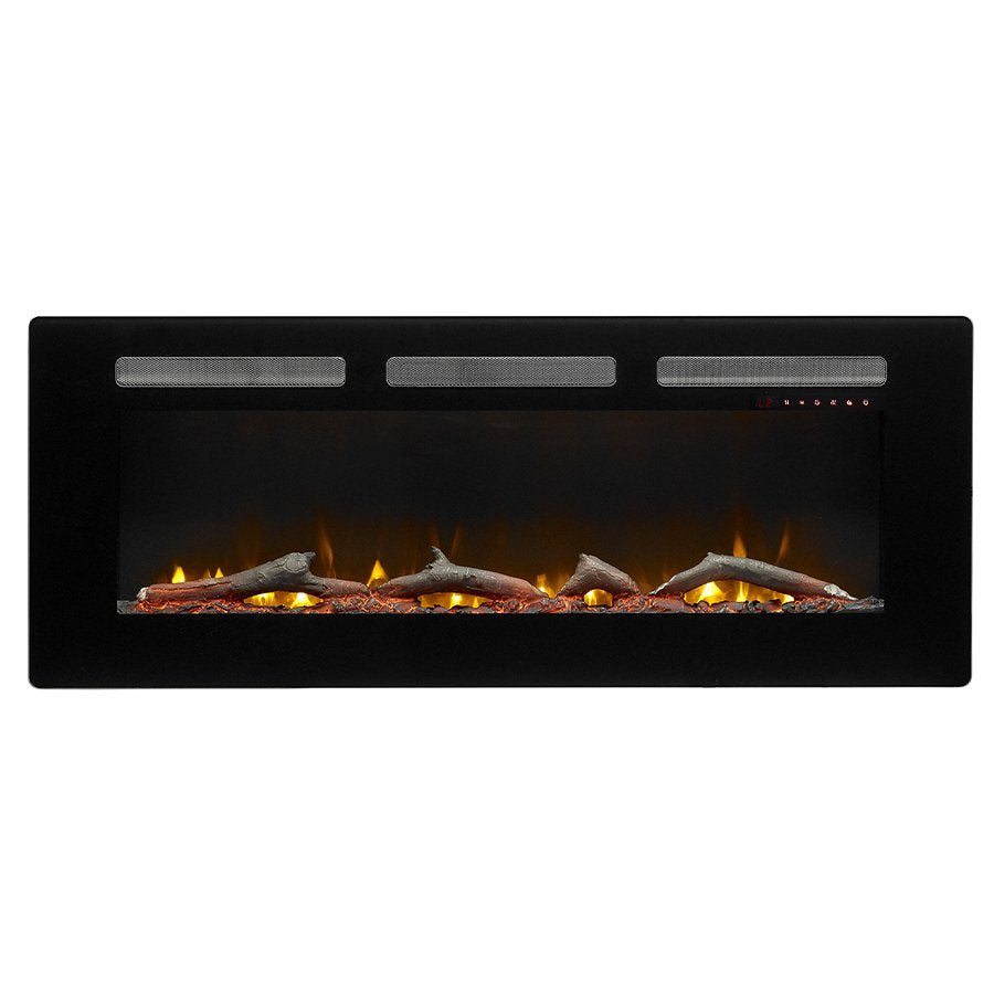 Dimplex Sierra 48" Elektrische haard met realistische vlammen en houtblokken in een zwarte omlijsting.
