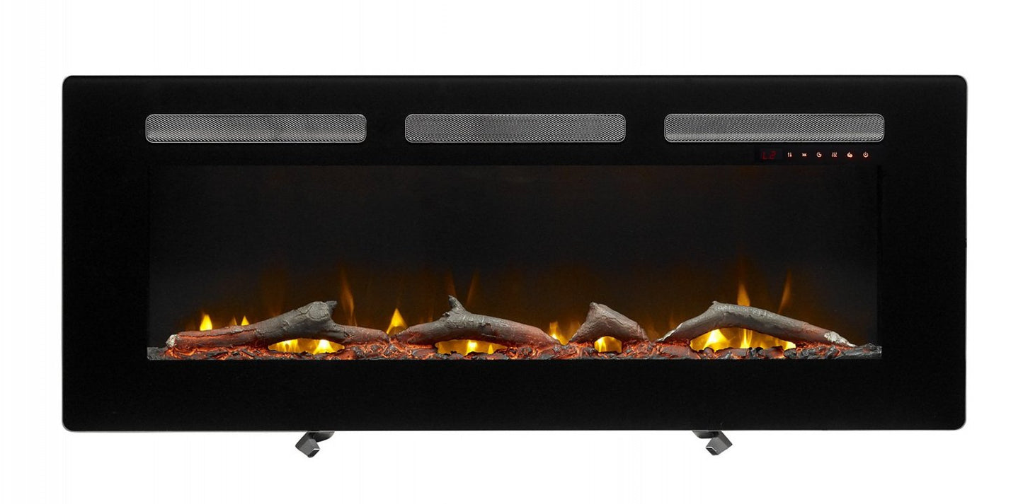 Dimplex Sierra 48" Elektrische haard met realistische vlammen en houtblokken in een zwarte behuizing.