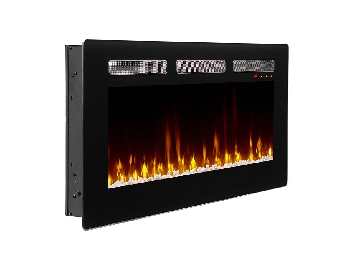 Dimplex Sierra 48" Elektrische haard met realistische vlammen en witte stenen decoratie.