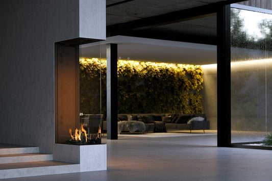 Element4 Sky Large Roomdivider in moderne woonkamer met vlammen
