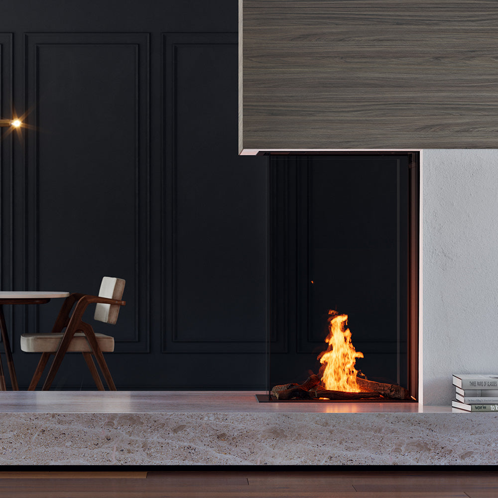 Element4 Sky Medium Roomdivider Bio met een moderne open haard en een stijlvolle, donkere achtergrond.