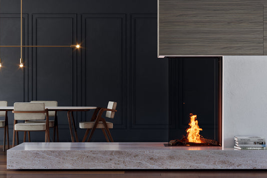 Element4 Sky Medium Roomdivider Bio in moderne woonkamer met eettafel en donkere wand